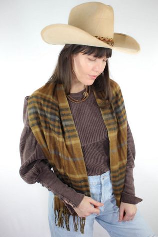 Vintage Brown Plaid Fringe Scarf Selected By Moons + Junes Vintage