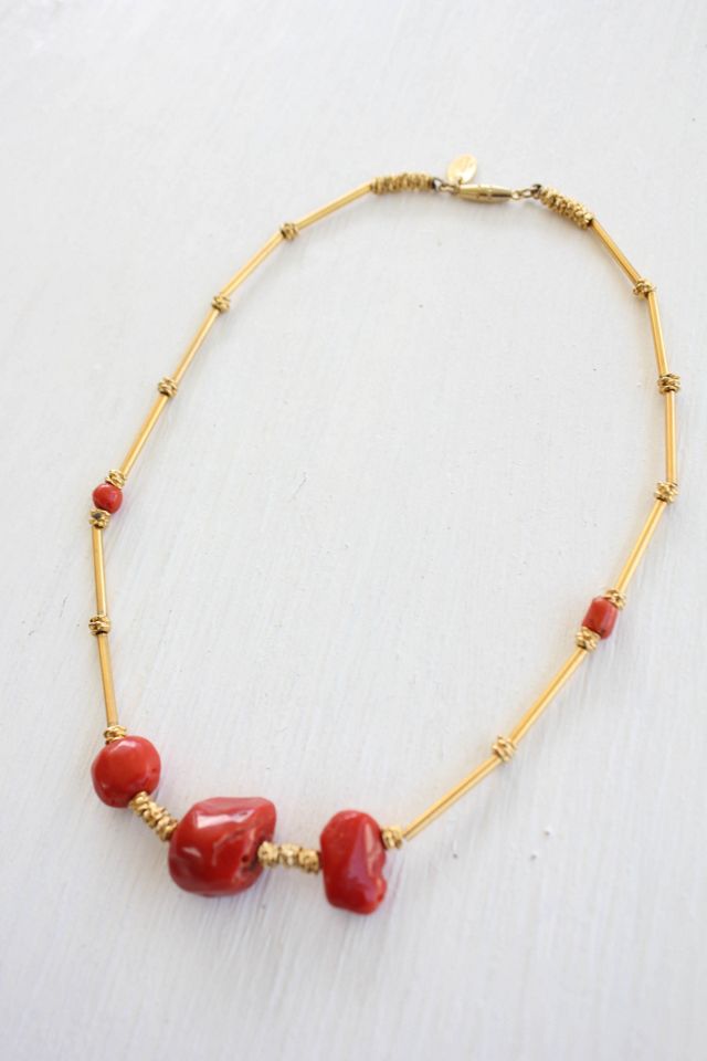 Vintage Coral Les Bernard Gold Station Necklace Selected By Moons + Junes Vintage #1