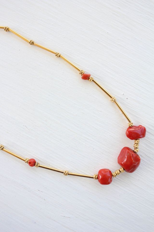 Vintage Coral Les Bernard Gold Station Necklace Selected By Moons + Junes Vintage #2