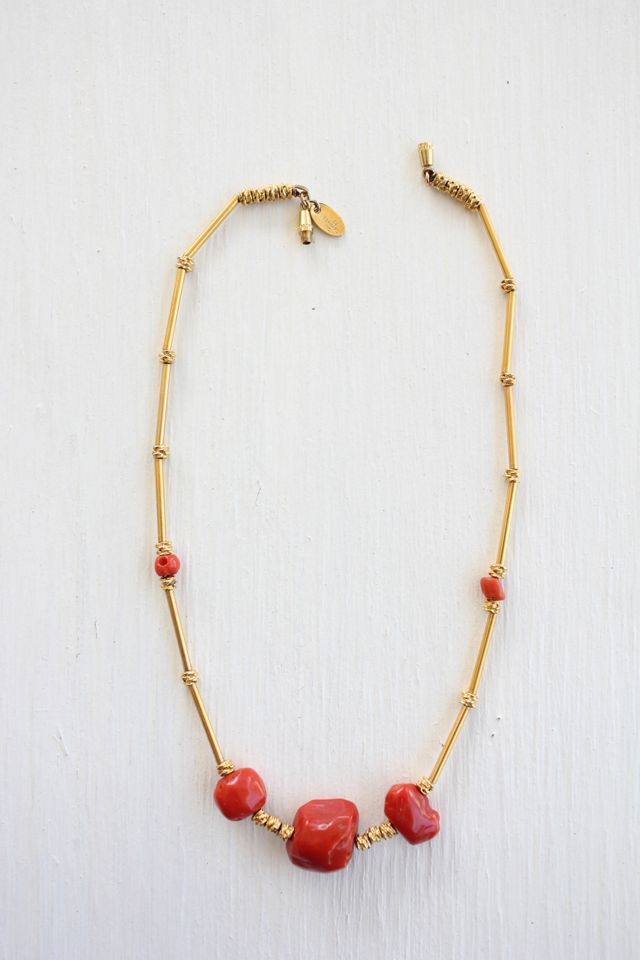 Vintage Coral Les Bernard Gold Station Necklace Selected By Moons + Junes Vintage #3