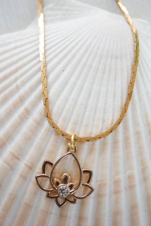 Vintage Lotus Flower Gold Pendant Necklace Selected By Moons + Junes Vintage #1