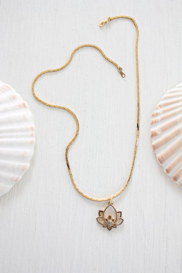 Vintage Lotus Flower Gold Pendant Necklace Selected By Moons + Junes Vintage #3
