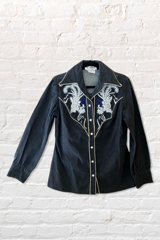 Женская рубашка Ritual Vintage 1970s Beaded Western Denim shirt Selected, цвет: Чёрный — фото 2