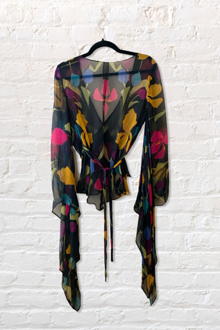 1970s Silk Chiffon Print Angel Sleeve Blouse Selected By Ritual Vintage