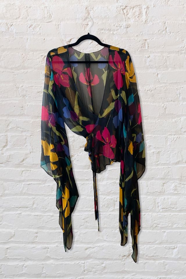 1970s Silk Chiffon Print Angel Sleeve Blouse Selected By Ritual Vintage #1