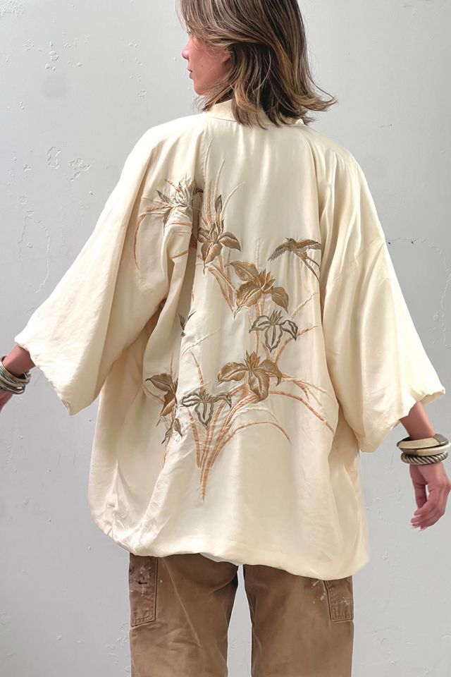 Vintage Hand Embroidered Silky Noir Bird Kimono Selected by Anna Corinna