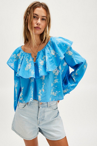 Camilla Printed Blouse At Free People In Imperial Blue Combo, Size: Large