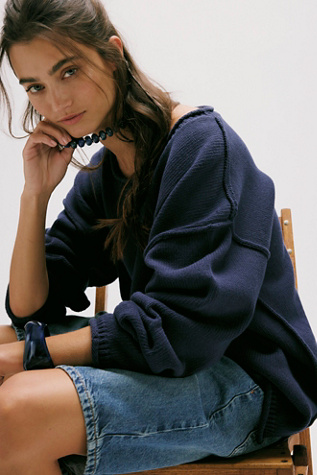 We The Free Ella Roll-Neck Cotton Knit Sweater at Free People in Blue, Size: XS