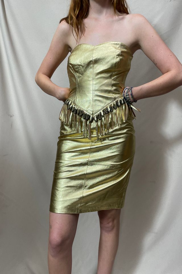 Gold Leather Strapless Fringe Party Dress Selected by Cannonball and Tilly #1