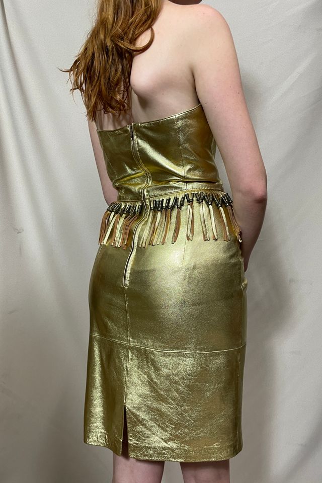 Gold Leather Strapless Fringe Party Dress Selected by Cannonball and Tilly #2