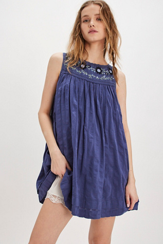 Darlin Daisy Embroidered Mini Dress At Free People In Steel Blue, Size: Small