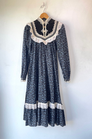 Vintage Gunne Sax Black Blue Floral Velvet Dress Selected by The Curatorial Dept.
