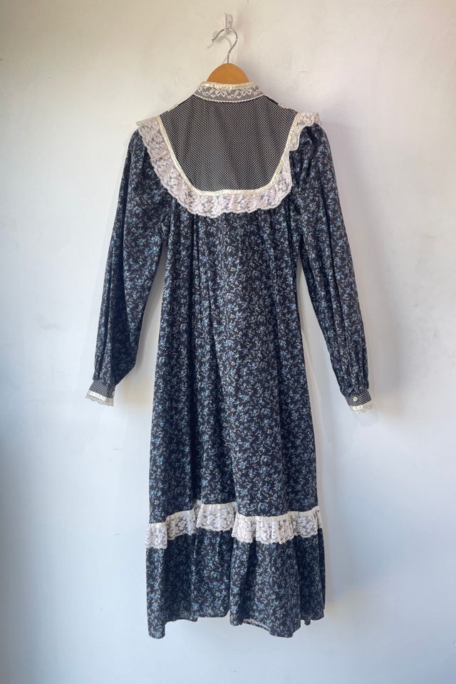 Vintage Gunne Sax Black Blue Floral Velvet Dress Selected by The Curatorial Dept. #1