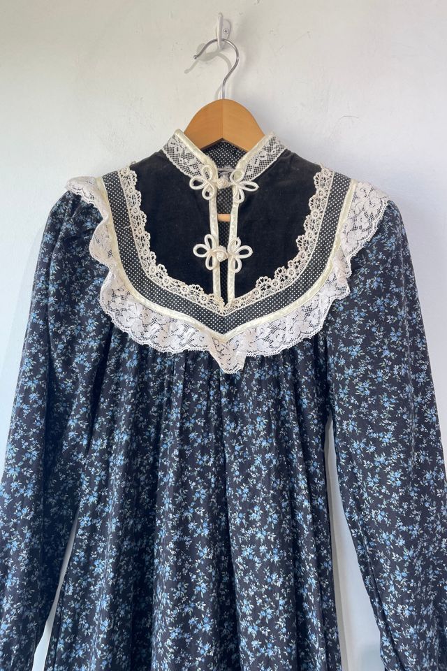 Vintage Gunne Sax Black Blue Floral Velvet Dress Selected by The Curatorial Dept. #2