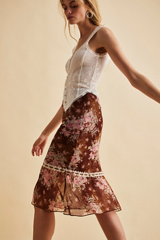 Romantic Roses Printed Midi Skirt At Free People In Chocolate Combo, Size: US 12