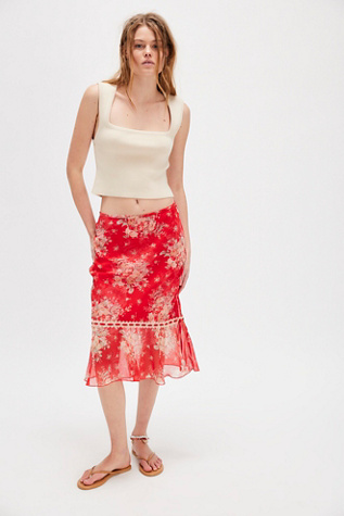 Romantic Roses Printed Midi Skirt by Free People in Red, Size: US 8