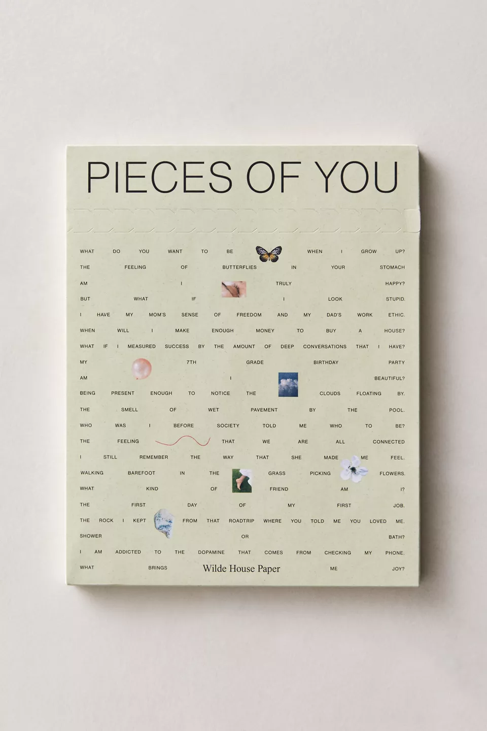 A tan book cover with small images and black text