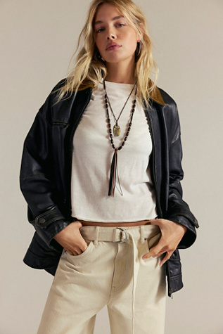 We The Free Easy That Leather Jacket at Free People in Black And Camel Combo, Size: Large