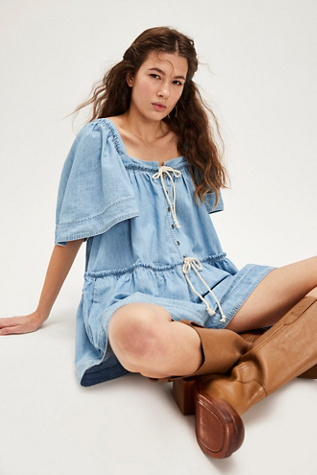 County Line Denim Romper At Free People In Frost, Size: Small