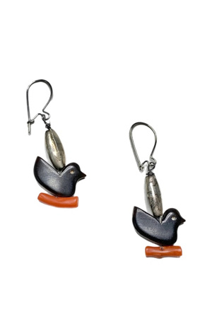 Vintage Sterling Blackbird Dangle Earrings with Onyx + Coral Selected by Lux Revival