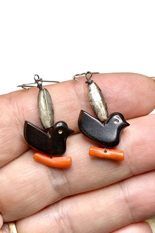 Vintage Sterling Blackbird Dangle Earrings with Onyx + Coral Selected by Lux Revival #1