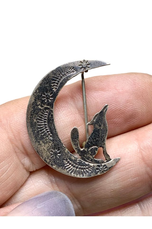 Vintage Sterling Silver Crescent Moon + Coyote Lapel Pin Selected by Lux Revival #1