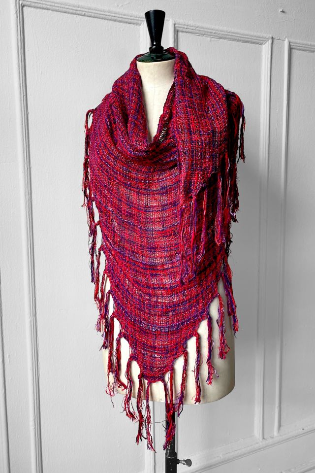 Vintage Multi-Textured Loose Weave Triangle Fringe Wrap Shawl Selected by MARMALADE #3