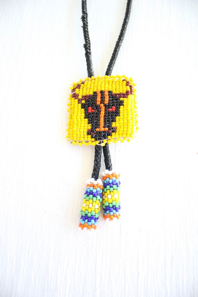 Vintage Beaded Western Bull Bolo Tie Necklace Selected By Moons + Junes Vintage #1