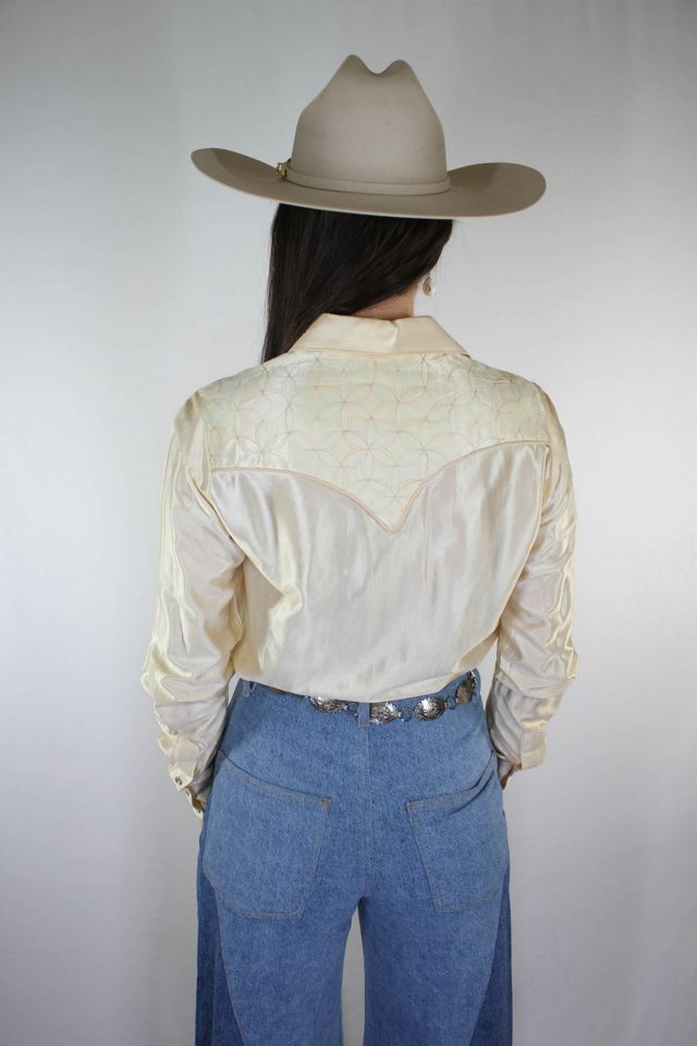 Vintage Ivory Satin Western Rockmount Pearl Snap Blouse Selected By Moons + Junes Vintage #1