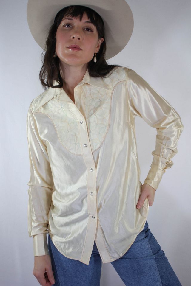 Vintage Ivory Satin Western Rockmount Pearl Snap Blouse Selected By Moons + Junes Vintage #3