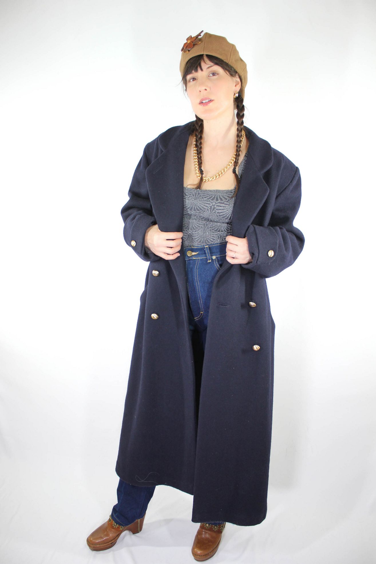 Vintage Navy Wool Floor Length Trench Coat Selected By Moons + Junes Vintage