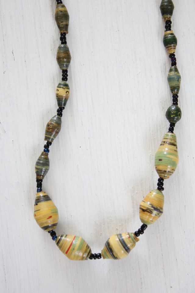 Vintage Rolled Recycled Leaf Paper Beaded Necklace Selected By Moons + Junes Vintage #1