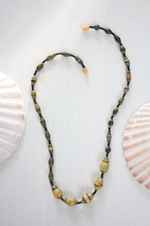 Vintage Rolled Recycled Leaf Paper Beaded Necklace Selected By Moons + Junes Vintage #3