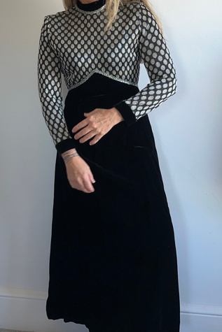 Vintage Long Sleeved Velvet and Metallic Silver Dot Maxi Dress Selected by KA.TL.AK