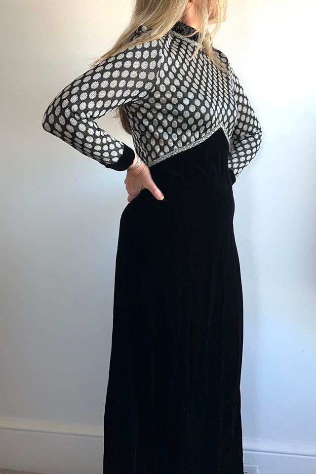 Vintage Long Sleeved Velvet and Metallic Silver Dot Maxi Dress Selected by KA.TL.AK #1