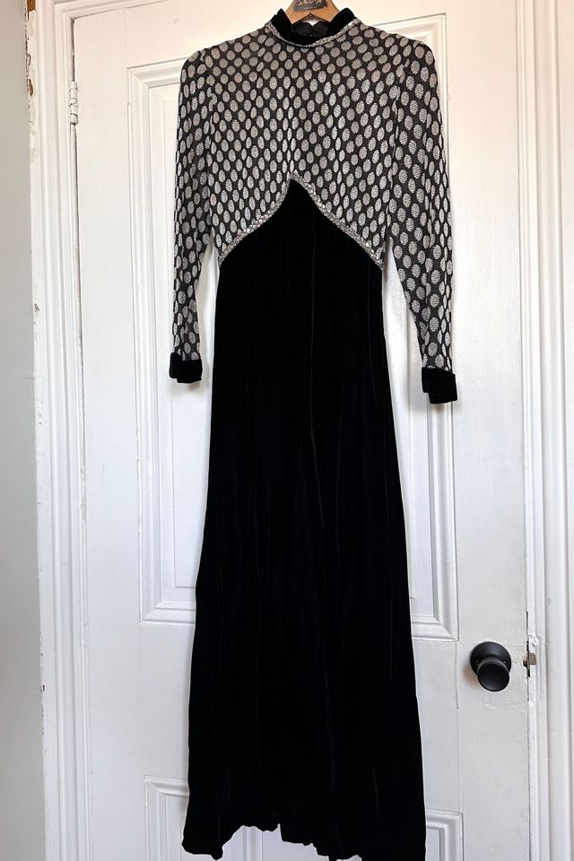 Vintage Long Sleeved Velvet and Metallic Silver Dot Maxi Dress Selected by KA.TL.AK #3