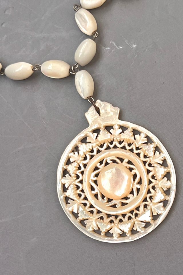 Vintage Hand Carved Mother of Pearl Mandala Necklace Selected by Anna Corinna #1
