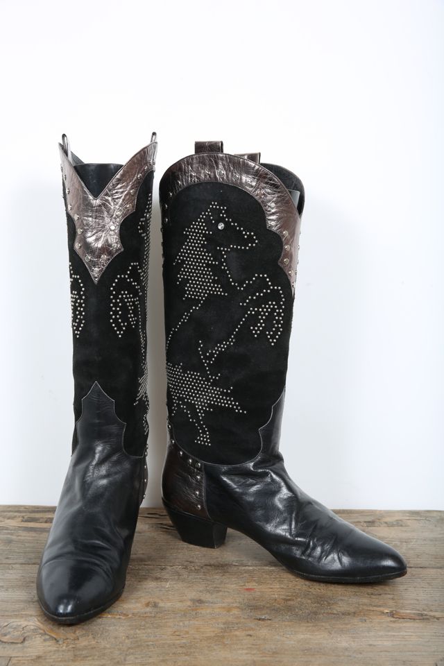 Vintage Black Bronze Leather Cowgirl Boots with Silver Studded Horse Selected by Love Rocks Vintage Free People