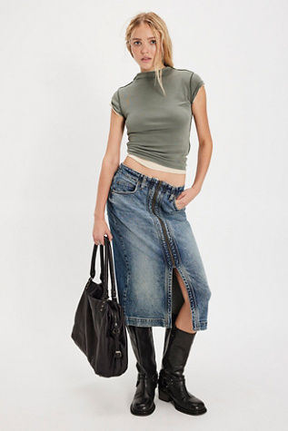 Lee Zip-Front Midi Skirt at Free People in Medium Wash, Size: 27