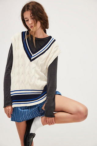 Coastal Prep Poncho Vest Jacket At Free People In Navy Blue/Ivory