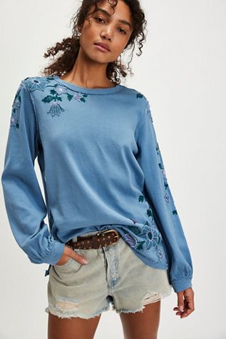 Fleur Embroidered Cuff Henley Top | Ribbed | Free People