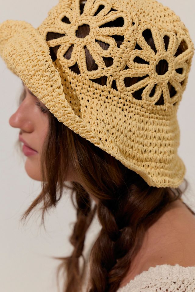 Cut-Out Daisy Crochet Straw Bucket Hat #1