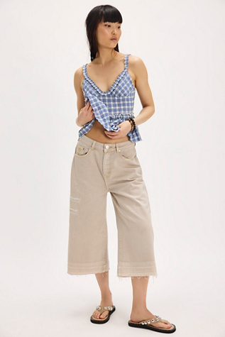OneTeaspoon Long Length Denim Shorts at Free People in Tan, Size: 28