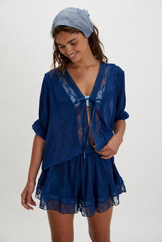 Morning Breeze Bed Jacket by Intimately at Free People in Navy Peony, Size: Small