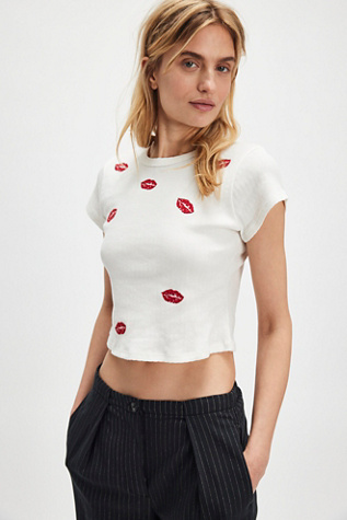 Daydreamer Embroidered Lips Tee At Free People In Ivory, Size: Small