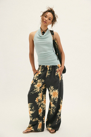Day's End Linen Printed Pull-On Pants by Free People in Black, Size: M