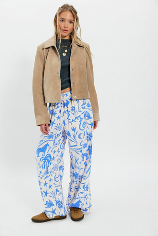 Day's End Linen Printed Pull-On Pants by Free People in Blue, Size: XS