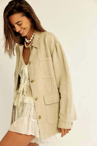 Lucy Linen Chore Coat Jacket by Free People in Tan, Size: XS