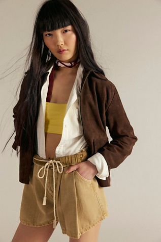 We The Free Clark Pleated Denim Shorts at Free People in Washed Sand, Size: Large