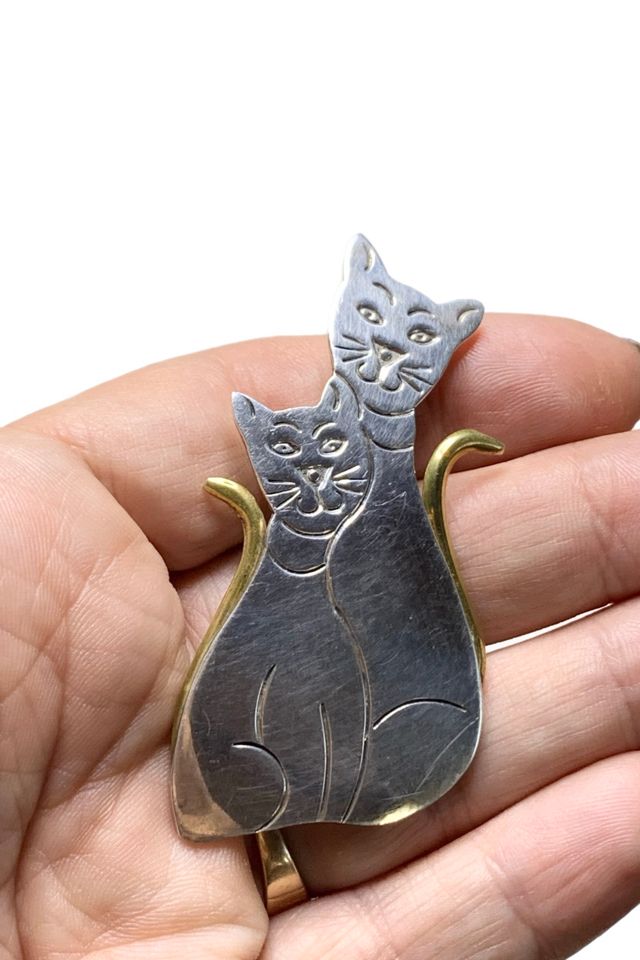 Vintage Brass + Sterling Cat and Kitten Pin or Pendant Selected by Lux Revival #1